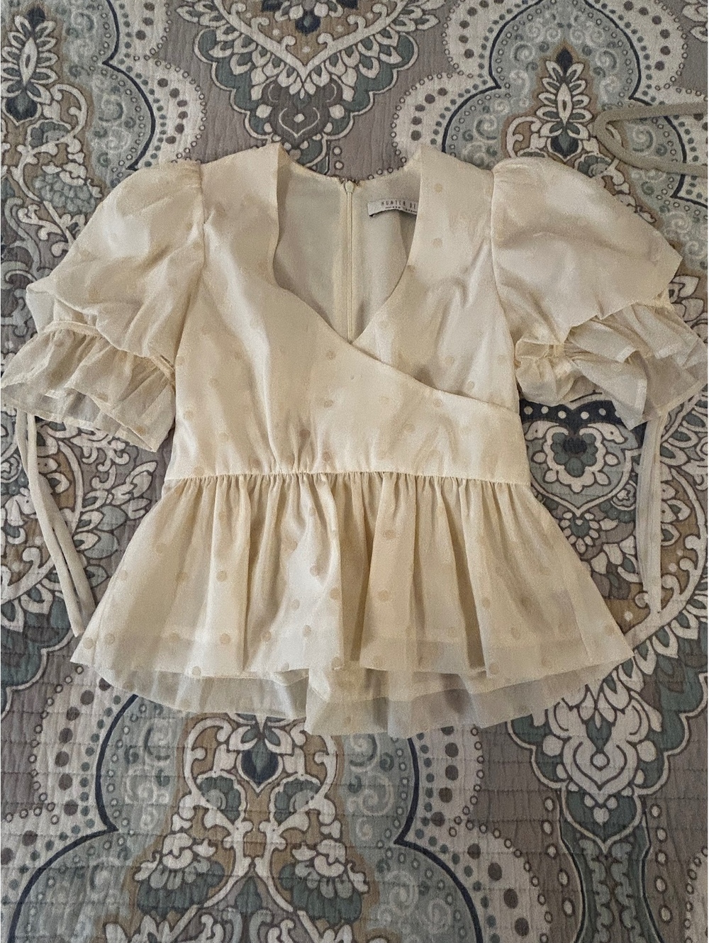 Hunter Bell New York Cream Polka Dot Puff Sleeve Peplum Blouse XS